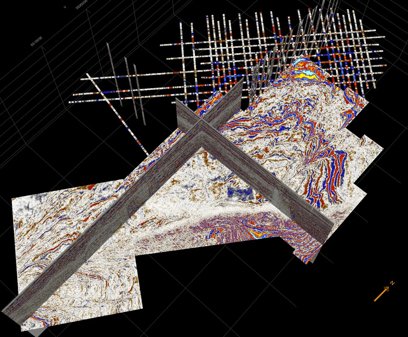 3D view in Solarium™ of the Maui and Kaka 3D surveys and the STOS95 2D lines merged into one seismic volume, with a time slice and two vertical sections