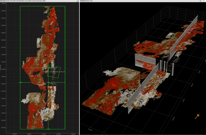 Taranaki Panorama 3D in Solarium™: map view and 3D view of a horizon across the merged volume, with vertical seismic sections and wells